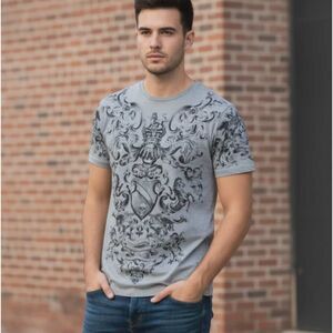Zara Man Gray T-Shirt Size L Graphic Print Skull Goth Grunge Tattoo Y2K